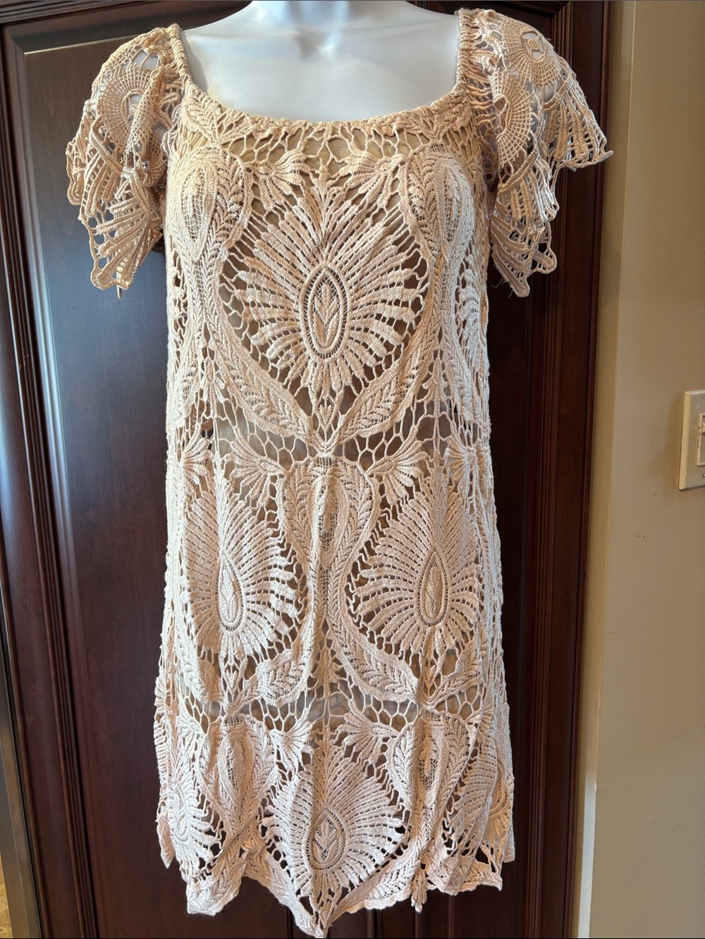 Sky Openwork Crochet Square-Neck Dress in Light Beige